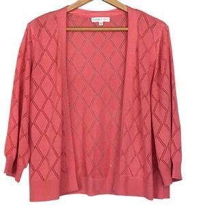 Robbie Bee Coral Pink Diamond Pointelke Knit Open Front Cardigan Sweater XL